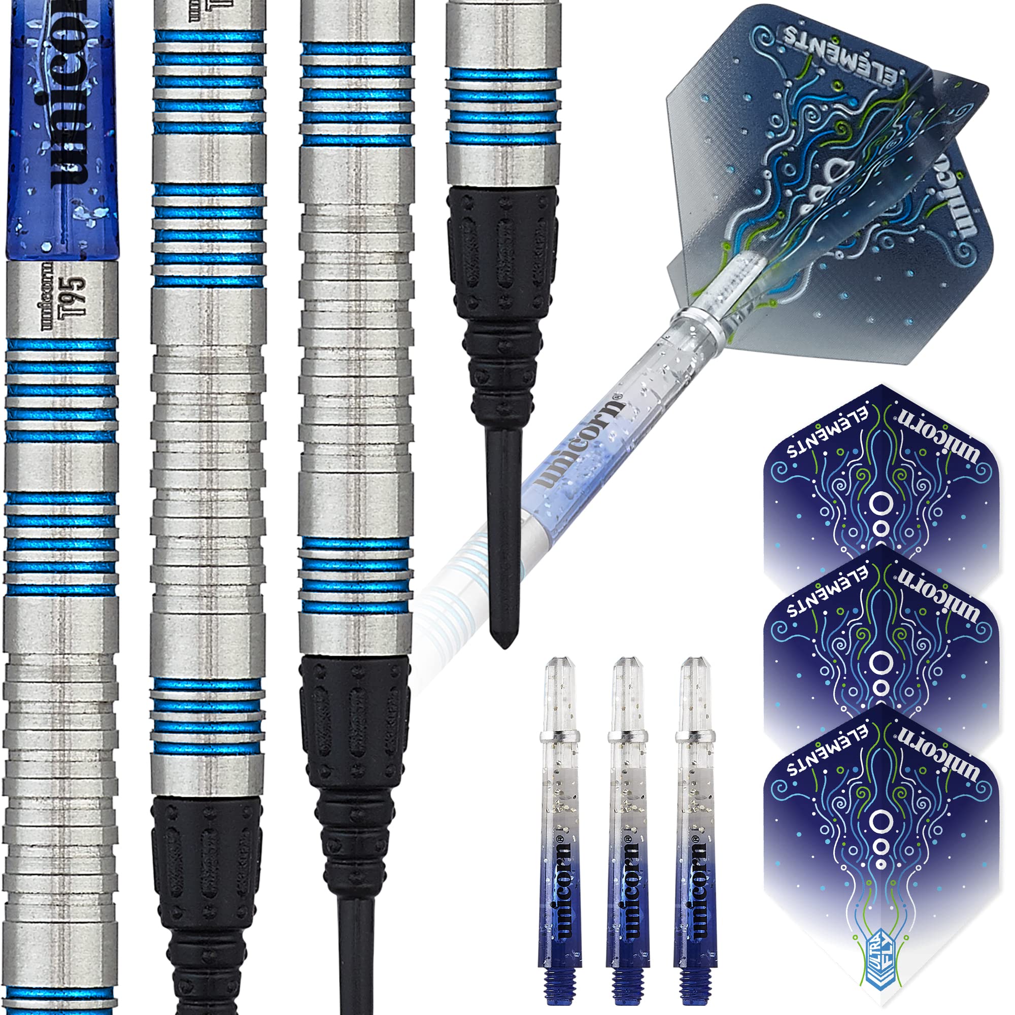 Unicorn Soft Tip Darts Set | Core T95 Series Style 2 | 95% Tungsten Barrels with Blue Accents | 18 g
