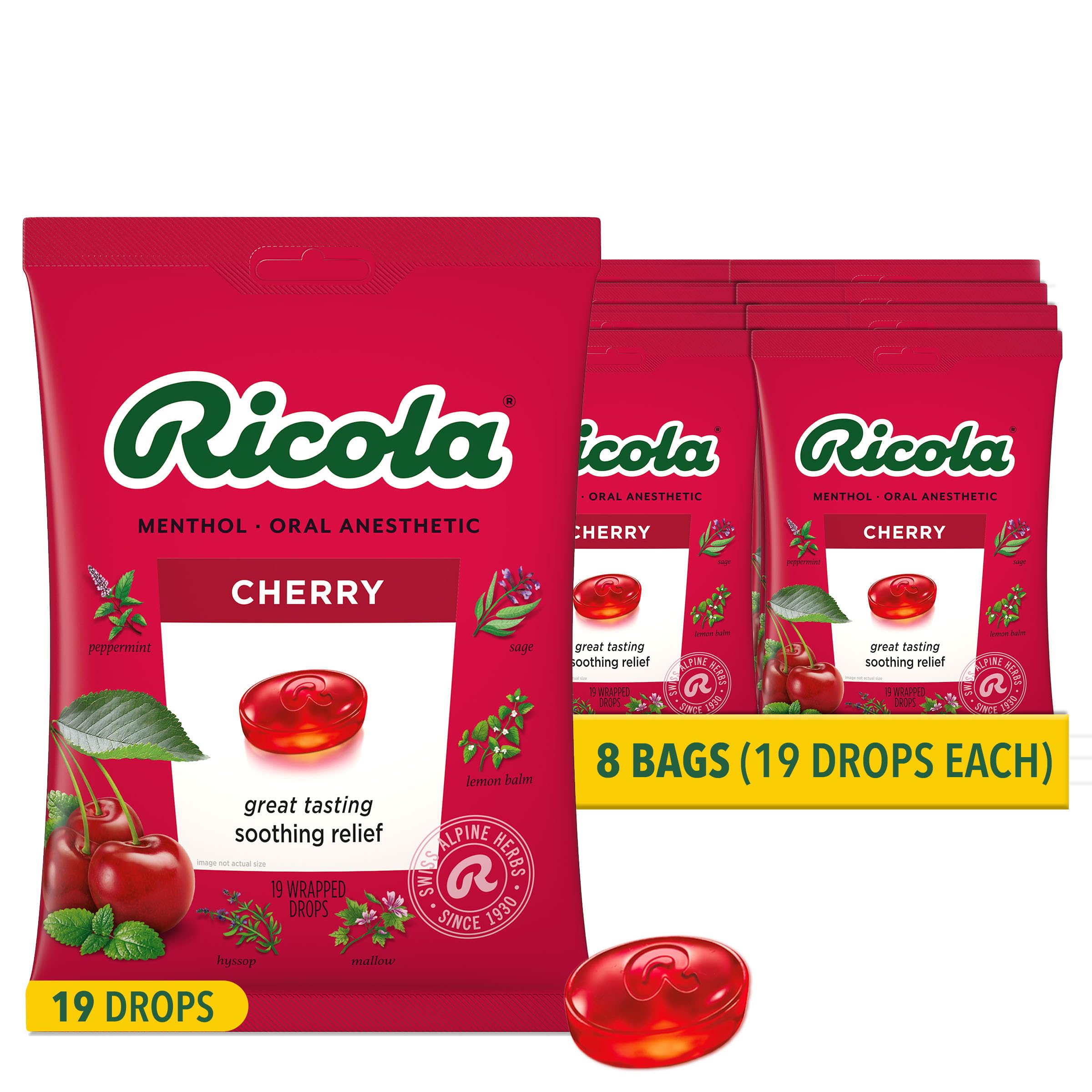 Ricola Cherry Throat Drops, 19 Count (Pack of 8) Daily Drops for Delicious Throat Refreshment, Oral Anesthetic, Naturally Flavored Image