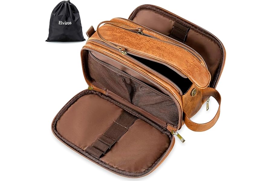 Elviros Toiletry Bag for Men, Large Travel Shaving Dopp Kit Water-resistant Bathroom Toiletries Organizer PU Leather Cosmetic Bags