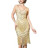 YESSA 1920s Flapper Dresses for Women,Lace V Neck Great Gatsby Dresses Fringed Roaring 20s Dresses