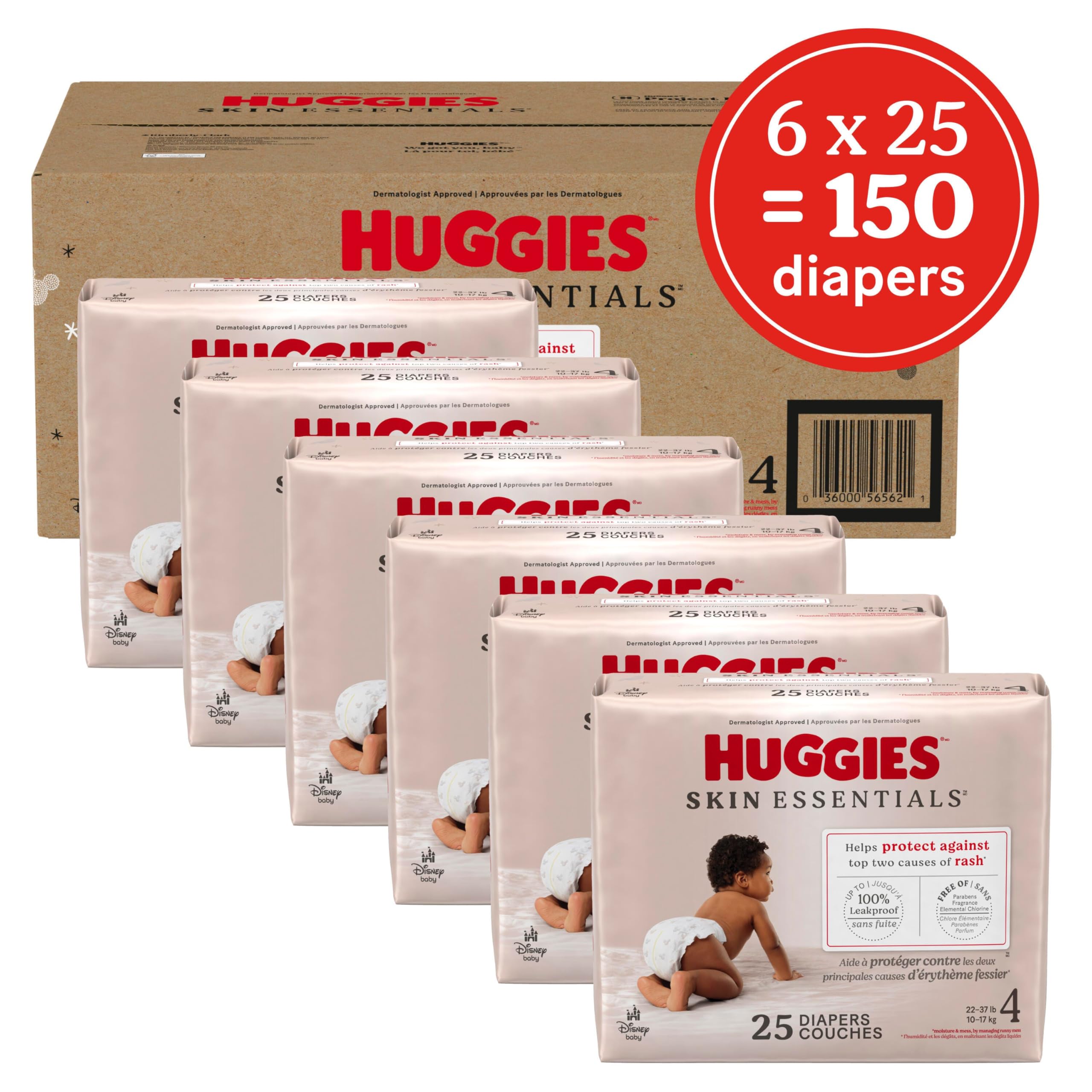 HUGGIES Size 4 Diapers, Skin Essentials Baby Diapers, Size 4 (22-37 lbs), 150 Count (6 Packs of 25), Packaging May Vary