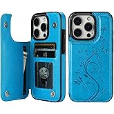 Vaburs Compatible with iPhone 16 Pro Case Wallet with Card Holder,Embossed Butterfly Pattern PU Leather Double Buttons Flip Protective Shockproof Cover for Magnetic Car Mount 6.3 Inch (Blue)