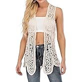 GLEAMISS Women's Crochet Vest Open Stitch Hippie Cardigan Sleeveless Boho Cover Up