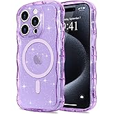 Pepmune Magnetic for iPhone 15 Pro Case Clear, Sparkly Bling Glitter Cute Curly Wave Transparent Cover for Women Men Compatible with MagSafe Shockproof Protective Phone Case for iPhone 15 Pro, Purple