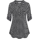 BEPEI Womens Floral 3/4 Sleeve Shirts Zip up V Neck Work Chiffon Blouses Top