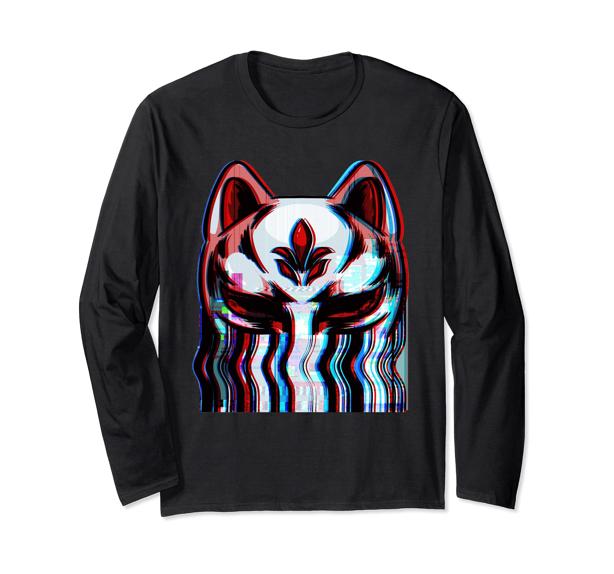 Vaporwave Japanese Aesthetic Kitsune Fox Mask Yokai Glitch Long Sleeve T-Shirt