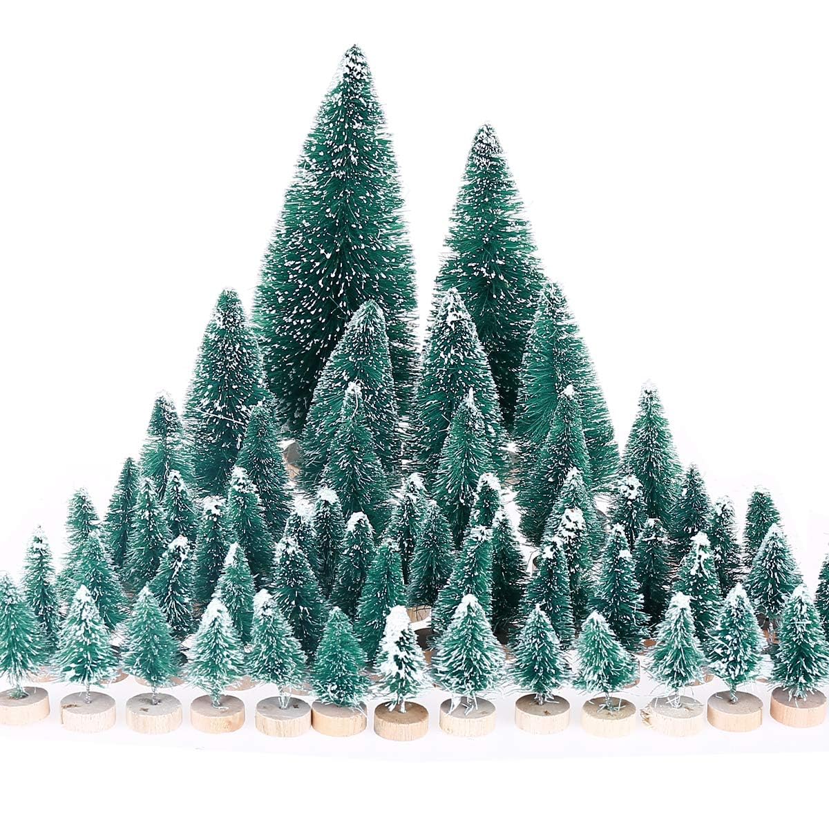 60 PCS Miniature Artificial Christmas Tree Tabletop Snow Frosted Trees with Wood Base for Christmas Party Home Decoration