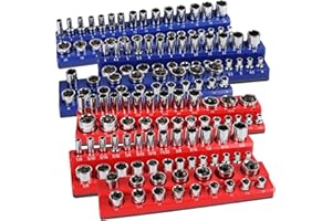 Larlarsa 6PCS Magnetic Socket Organizer Set, SAE & Metric Magnetic Socket Holder, 1/4"", 3/8"", 1/2"" Magnetic Socket Trays, 141 Pieces Deep & Shallow Sockets Organizer., Blue&red, HIP-010