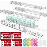 Wnfou American Mahjong Racks with Pushers Set of 4, Clear Acrylic, 17.5 in | Anti-Slip Silicone Pads, Tile Shuffler Cards, Manuals &amp; Protective Sleeves for Family Game Nights, Lessons &amp; 4-Player Play