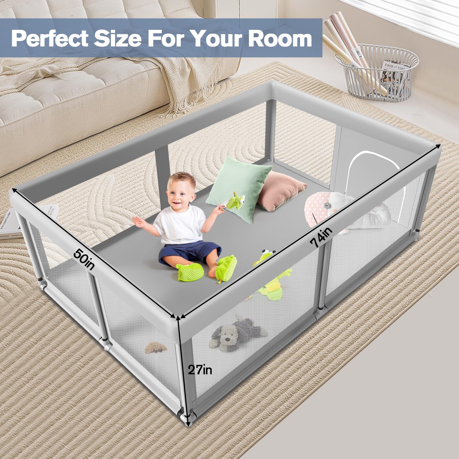 Large Baby Playpen for Babies and Toddlers, Playpen 74×50, Large Baby Play Yards Indoor & Outdoor, Sturdy Safety Baby Play Pen with Soft Breathable Mesh, Toddlers Activity Center with Anti-Slip Base