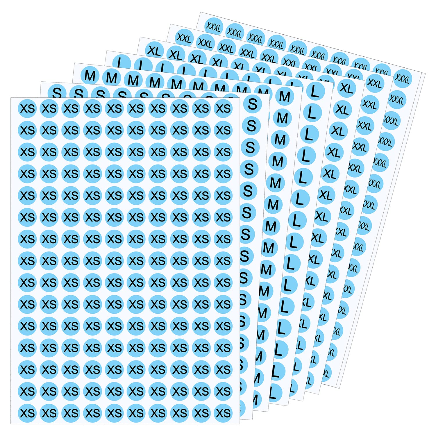 Wisdompro 4200 Pcs Clothing Size Round Stickers, 0.5 Inch Apparel Circle Size Labels Stickers for Clothes in 7 Sizes (XS, S, M, L, XL, XXL, XXXL) - Black on Blue