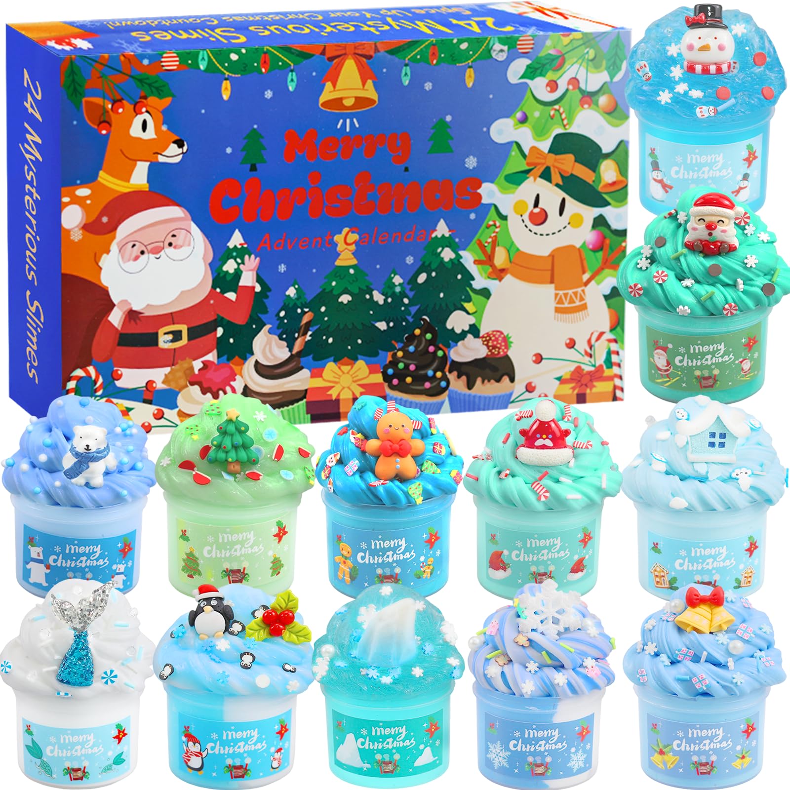 Slime Advent Calendar2025, Christmas Countdown with 24 Days of Surprises, Textured and Fluffy Slime Kits, Toys for Kids Ages 3-12（blue）