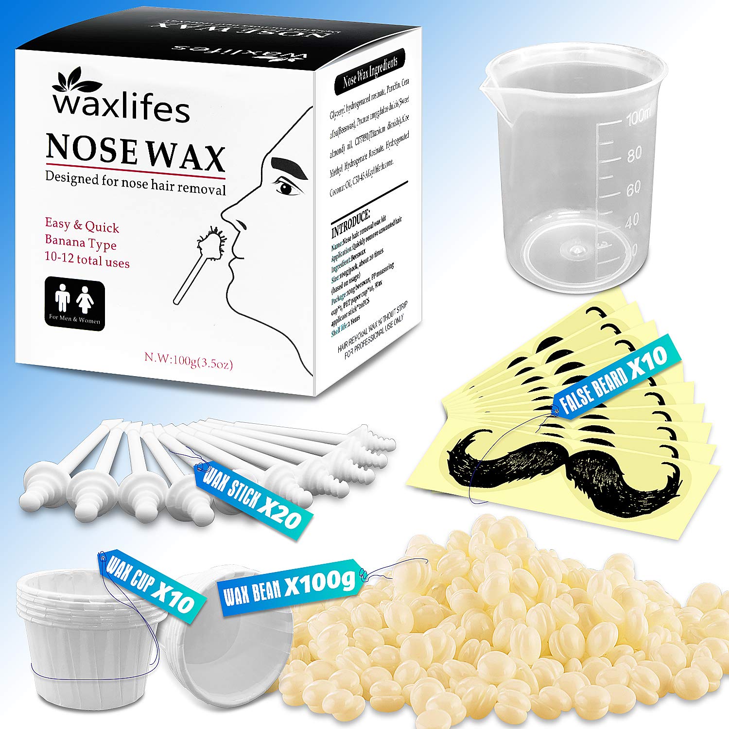 Nose Waxing Kit for Men - Nose Wax Beans Hair Removal for, Painless Depilatory Ear Hair Wax Removal with 20 Wax Sticks Applicators Over 20 Times Usage