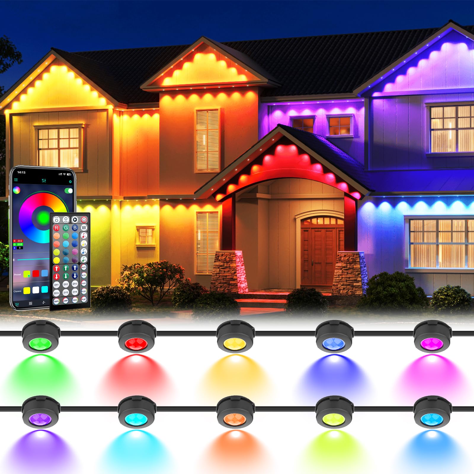 Photo 1 of 150 FT Permanent Outdoor Lights, Waterproof 2-in-1 Eaves & Ground Stakes LED String Lights with App/Remote Control for House, Garden– Smart Color-Changing Lighting for Halloween Christmas Decorations