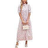 Women's Floral Button Down Shirt Midi Dress Casual Puff Sleeve Ruffle Collar Dress Summer Beach Party Dress