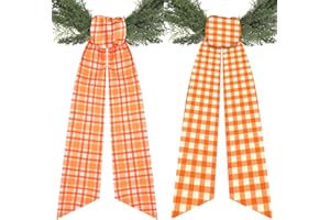PARTYFORU Fall Wreath Sash for Front Door - 2 Pcs Buffalo Check Orange Sashes for Wreaths Farmhouse Home Decor, 60 Inch Plaid Autumn Wreath Sashes for Embroidery DIY Bow Thanksgiving Halloween