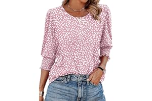 WIHOLL Blouses for Women Dressy Casual 3/4 Length Sleeve Womens Tops with Smocked Cuffs