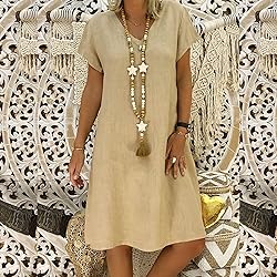 Women's Summer Cotton Linen Dress Loose V-Neck