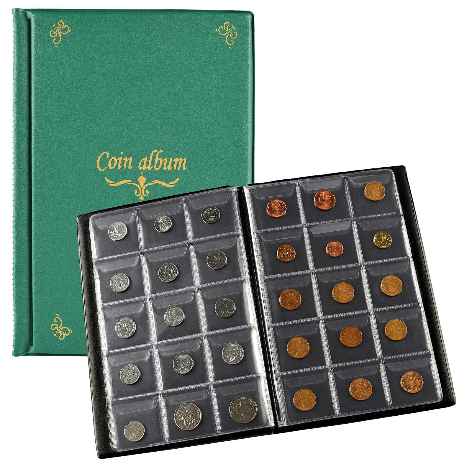 Ettonsun 150 Pockets Coin Collection Album 1.8 x 1.7 Inch Coin Collecting Holder Book Supplies Coin Storage Album for Collectors, Green