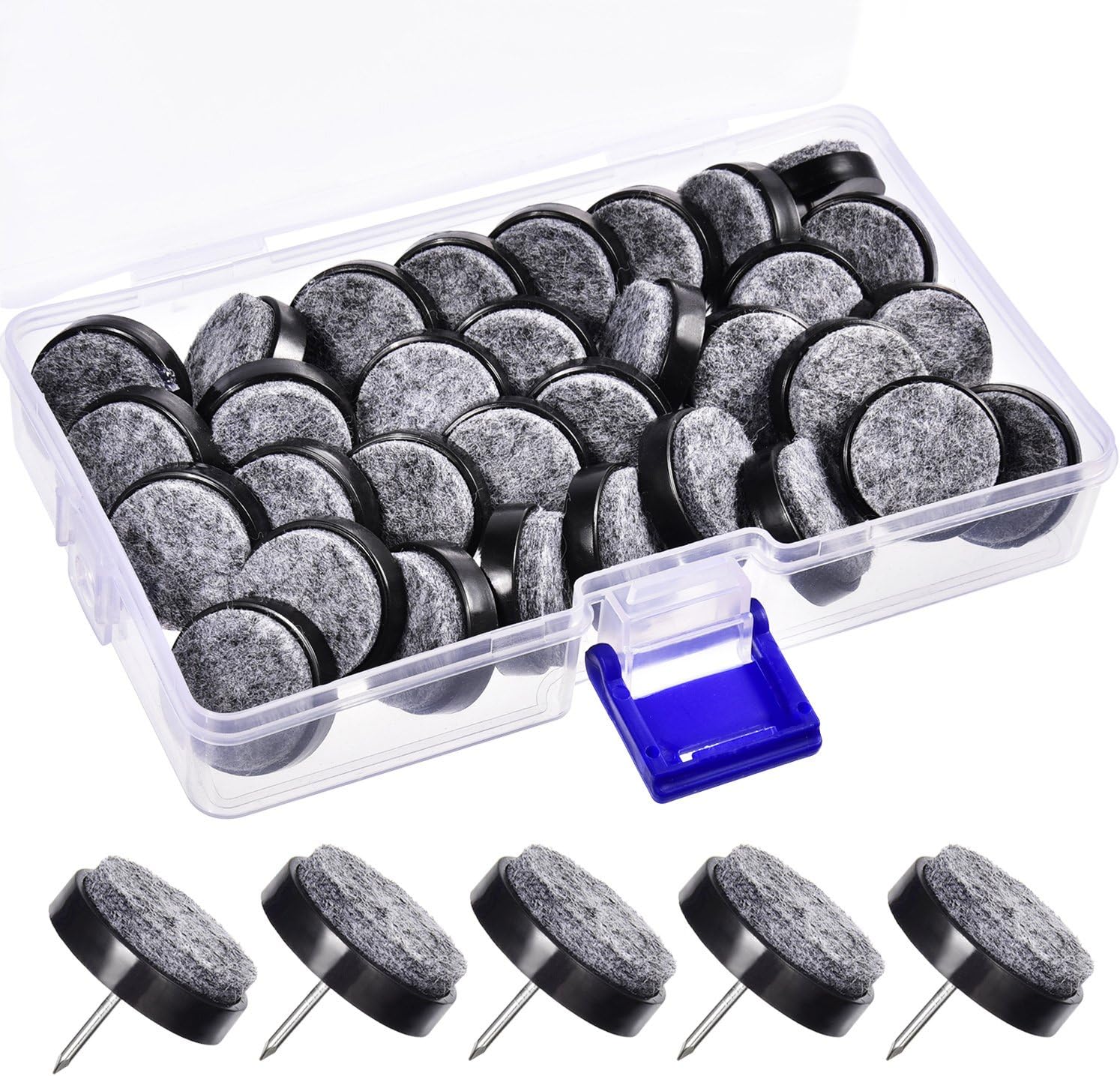 36 Pieces Furniture Pad Nails 24 mm Black Nail-on Slider Glide Felt Pads with Storage Box for Wooden Furniture Chair Stools and Table Leg Feet