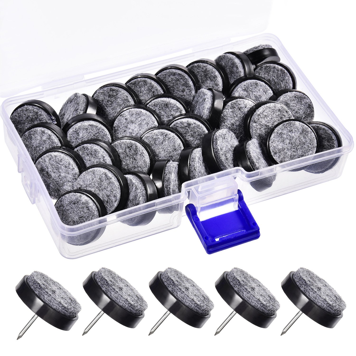 36 Pieces Furniture Pad Nails 24 mm Black Nail-on Slider Glide Felt Pads with Storage Box for Wooden Furniture Chair, Stools and Table Leg Feet