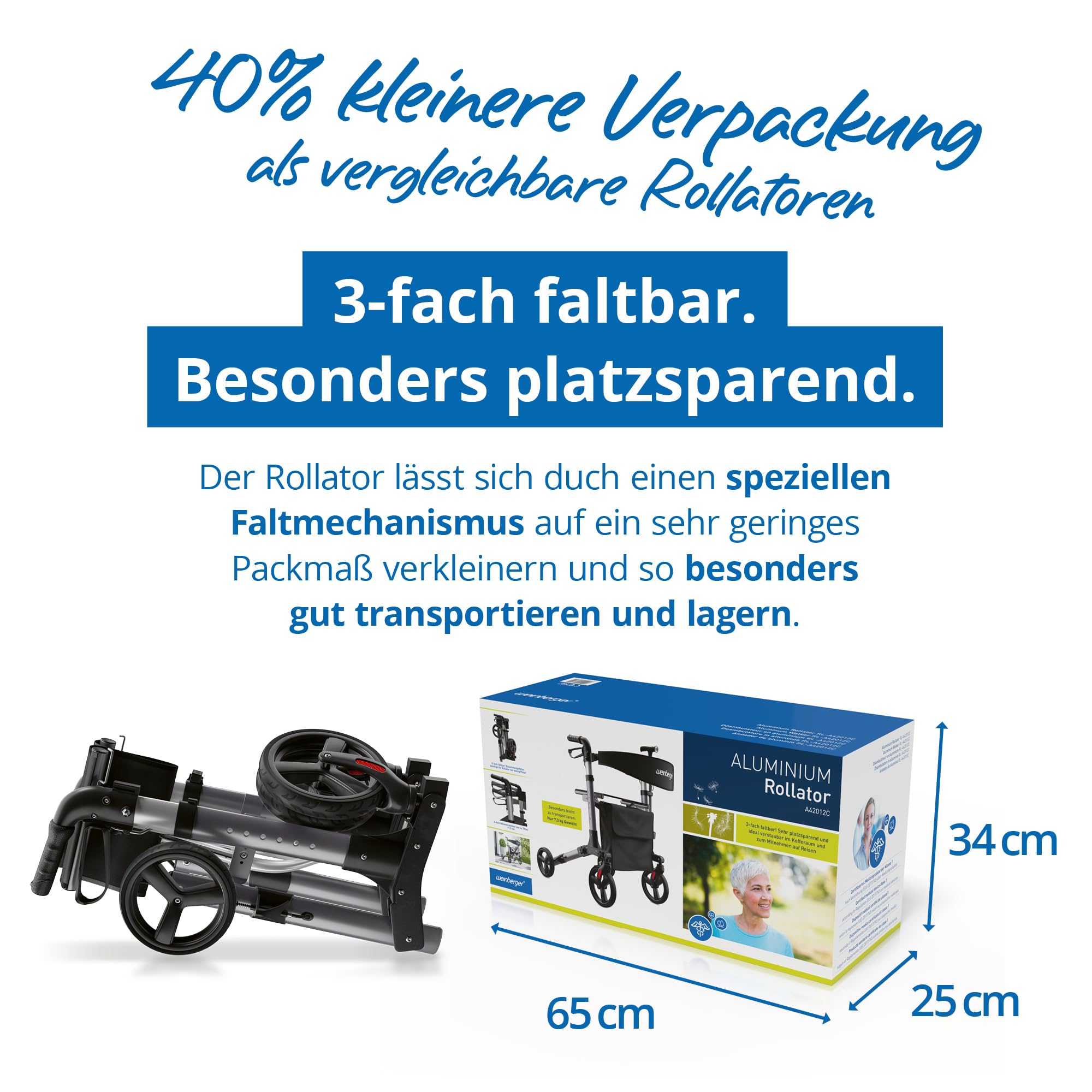 Weinberger Alu-Rollator, 3-fach faltbar, klein, klappbar, einfach, leicht Transport, Medizinprodukt Klasse 1, für Drinnen und Draußen, Leichtgewicht: 7,6 kg, Gehwagen, Gehhilfe, 02394 6