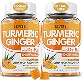 Turmeric and Ginger Gummies Supplement 1500mg w/Vitamin D3 5000 IU, K2 (MK7) & Black Pepper, Sugar Free Vegan Ginger and Turmeric Curcumin Supplements Gummy for Bone, Immune & Digestive Health, 120ct