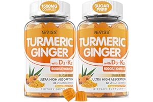 NEVISS Sugar Free Turmeric Ginger Gummies with 5000 IU Vitamin D3 & K2 (MK7), C - Vegan Turmeric Supplement Gummies for Adults 1500mg with Black Pepper, Supports Bone, Immune & Digestive Health - 120 Cts