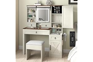 GlouMod Farmhouse Makeup Vanity Desk with Sliding Mirror and Lights, 42" Glass Top White Vanity Set with Charging Station & 4 Drawers & 2 Cabinets, Dressing Table with Stool for Bedroom