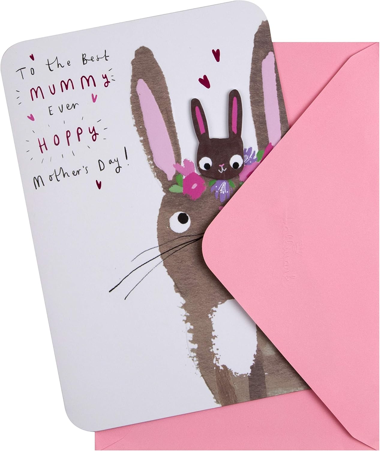 Hallmark Mothers Day Card for Mummy Cute Rabbits Design, From Daughter, Brown, Pink, White, Cute Hearts Hoppy Rabbits - Image 3