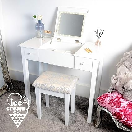 Icecreamliving Coco Luxury Dressing Table With Led Lights Square Vanity Mirror 2 Drawers Stool For Bedroom Makeup Jewellery Set White