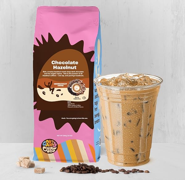 CRAZY CUPS FLAVORED GROUND COFFEE, HAZELNUTS, MEDIUM ROAST COFFEE, FOR BREWING FLAVORED HOT OR ICED COFFEE, 10 OZ BAG