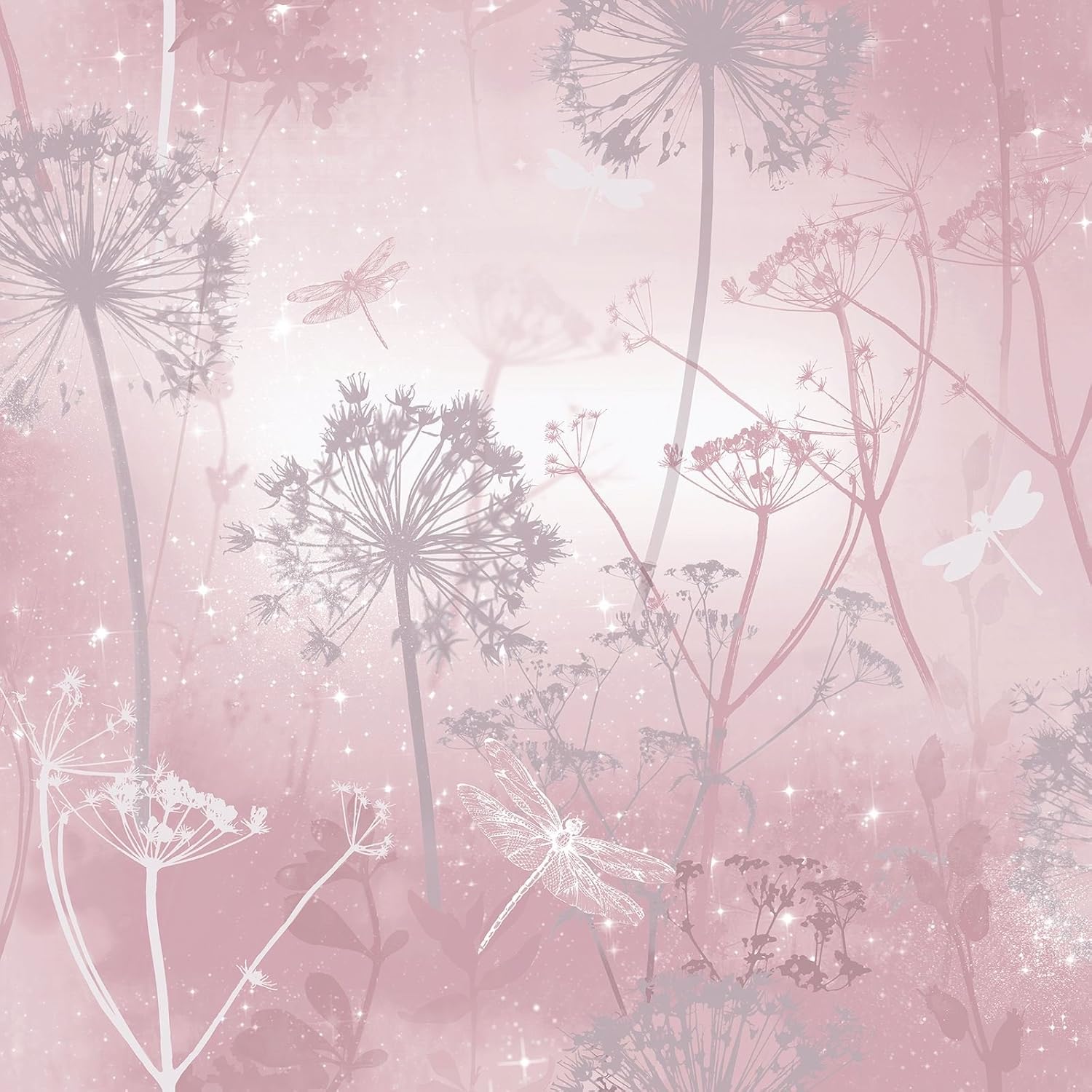 Arthouse Damselflies Pink & Silver Grey Blush Sparkling Wallpaper, Encased Glitter Gel Highlights Catch The Light
