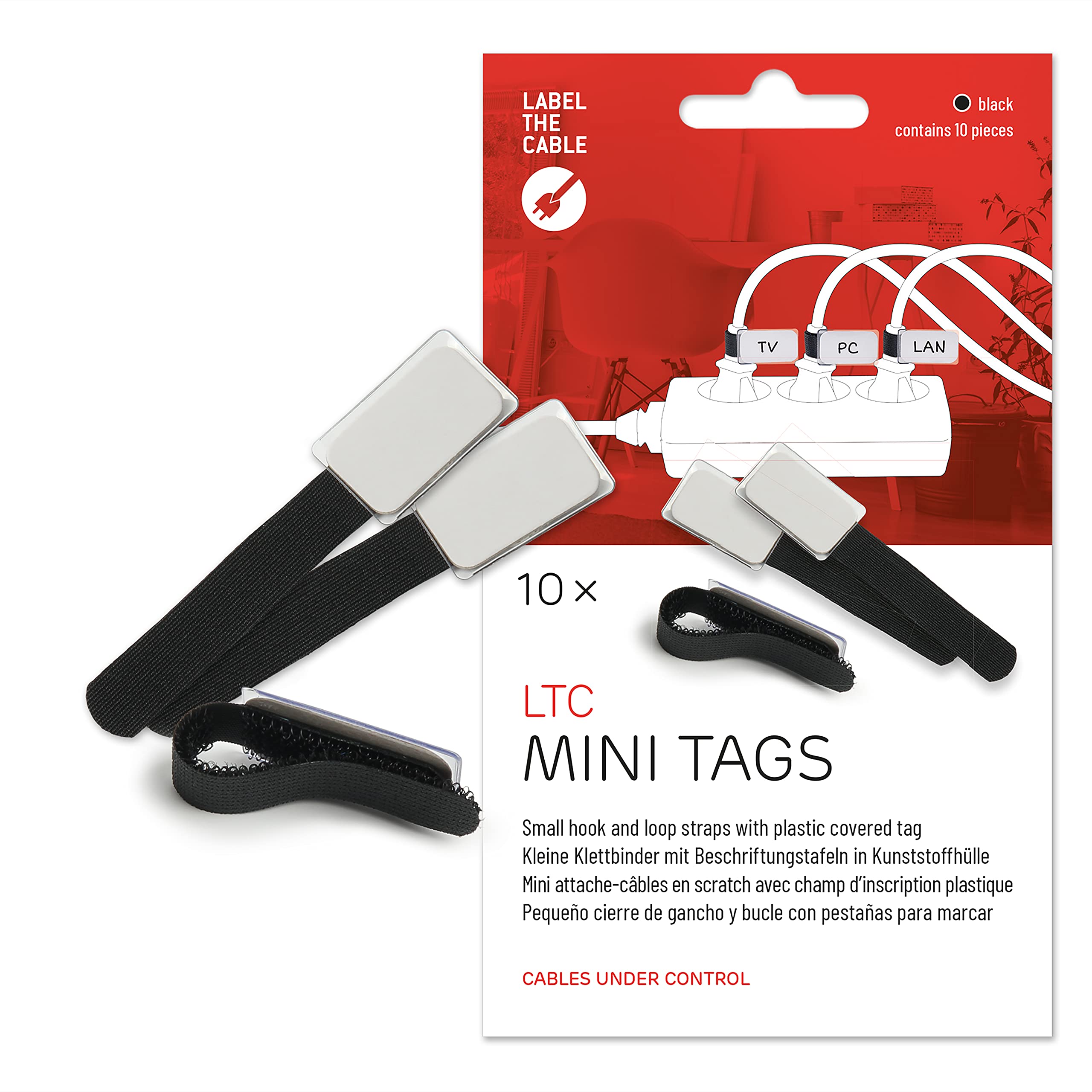 LABEL THE CABLE Small Hook and Loop Cable Labels for Perfect Cable Management - Cable Labelling for Organised Cables - LTC MINI Tags - Pack of 10 - Black - LTC 2510