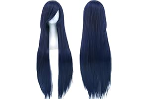 IMISSU 80cm Long Straight Natural Hair Cosplay Wigs with Bangs Colorful Halloween Costume Party Wig for Girl (Dark Blue)