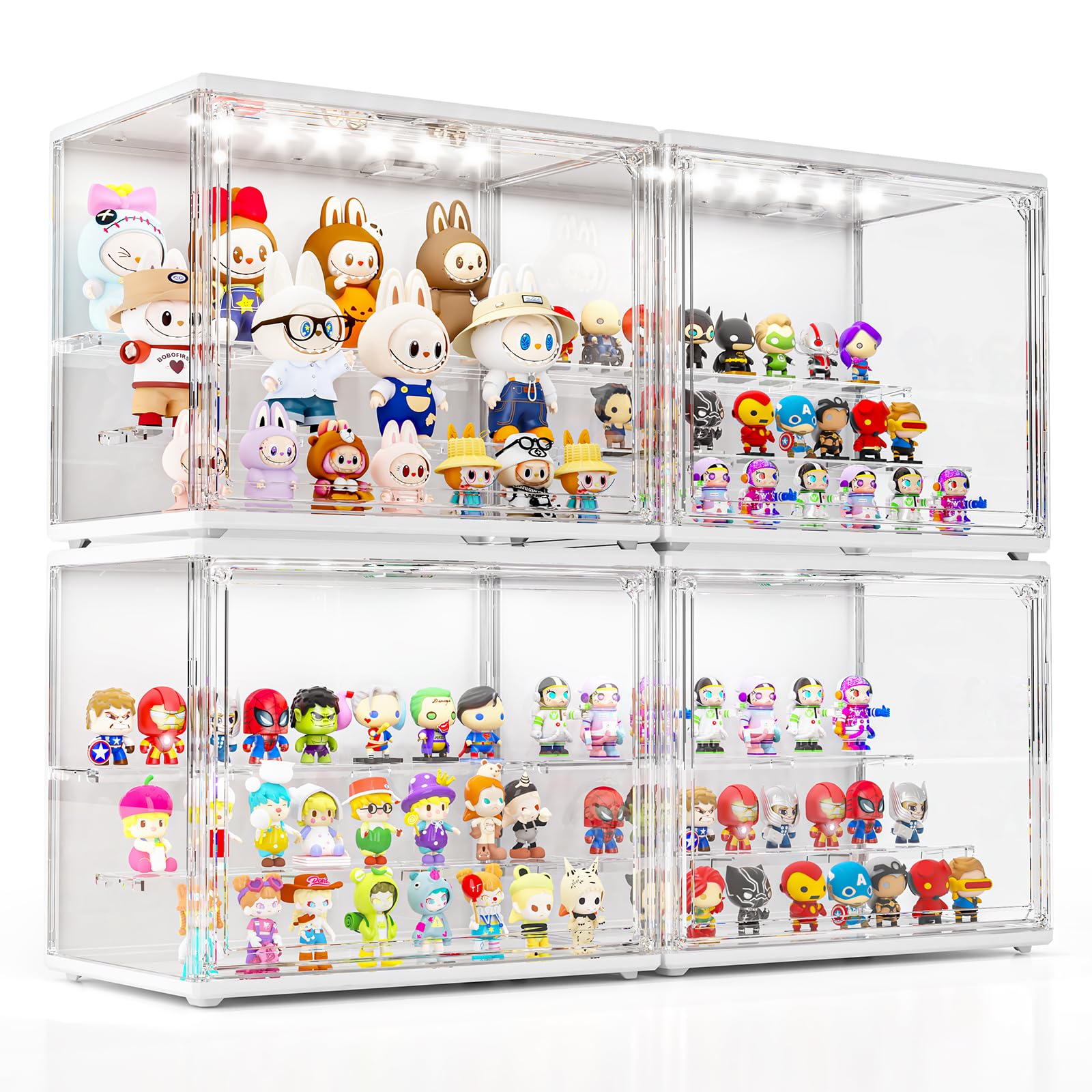 Photo 1 of 4 Pack Acrylic Display Case for Collectibles with LED Light, 3 Layer Adjustable Figure Display Case with Magnetic Door, 4 Lighted Display Box Stackable Clear Blind Box for Action Figure, Popmart