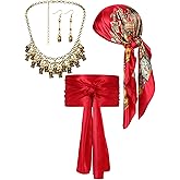 Fourluoo 4 Pieces Pirate Costume Women Pirate Hat Sash Belt Head Scarf Skeleton Necklace Earrings Cosplay Jewelry Accessories