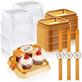 100 Sets Gold Cake Containers &ndash; 3.55 Inch Clear Plastic Mini Cake Box with Lids &amp; Stickers, Square Dessert Box for Cupcakes, Macarons, Mooncakes &ndash; Wedding, Birthday, Party