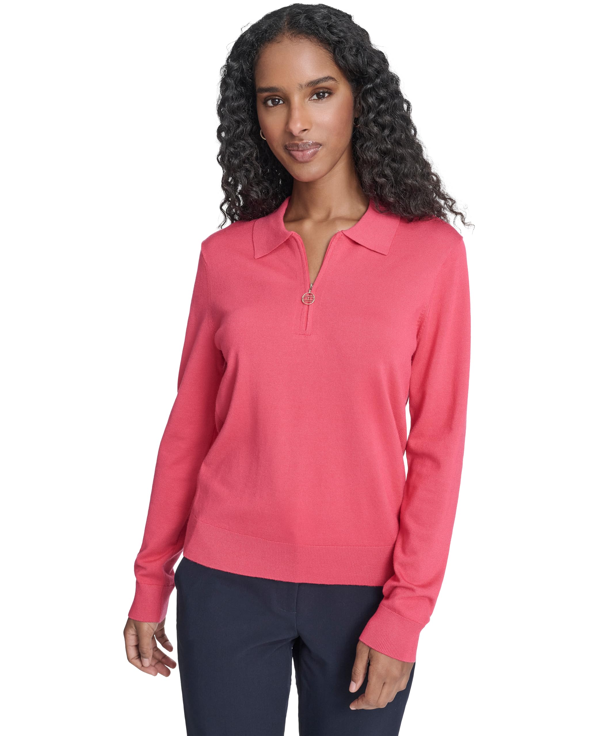 Tommy Hilfiger Women’s Solid Long Sleeve Polo 1/4 Zip Sweater, Rethink Pink, Small