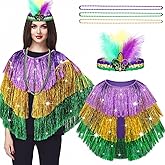 5Pcs Mardi Gras Costume Set Shawl Scarf Poncho, Feather Headband, Beads Necklaces, Mardi Gras Outfit for Women Carnival Party