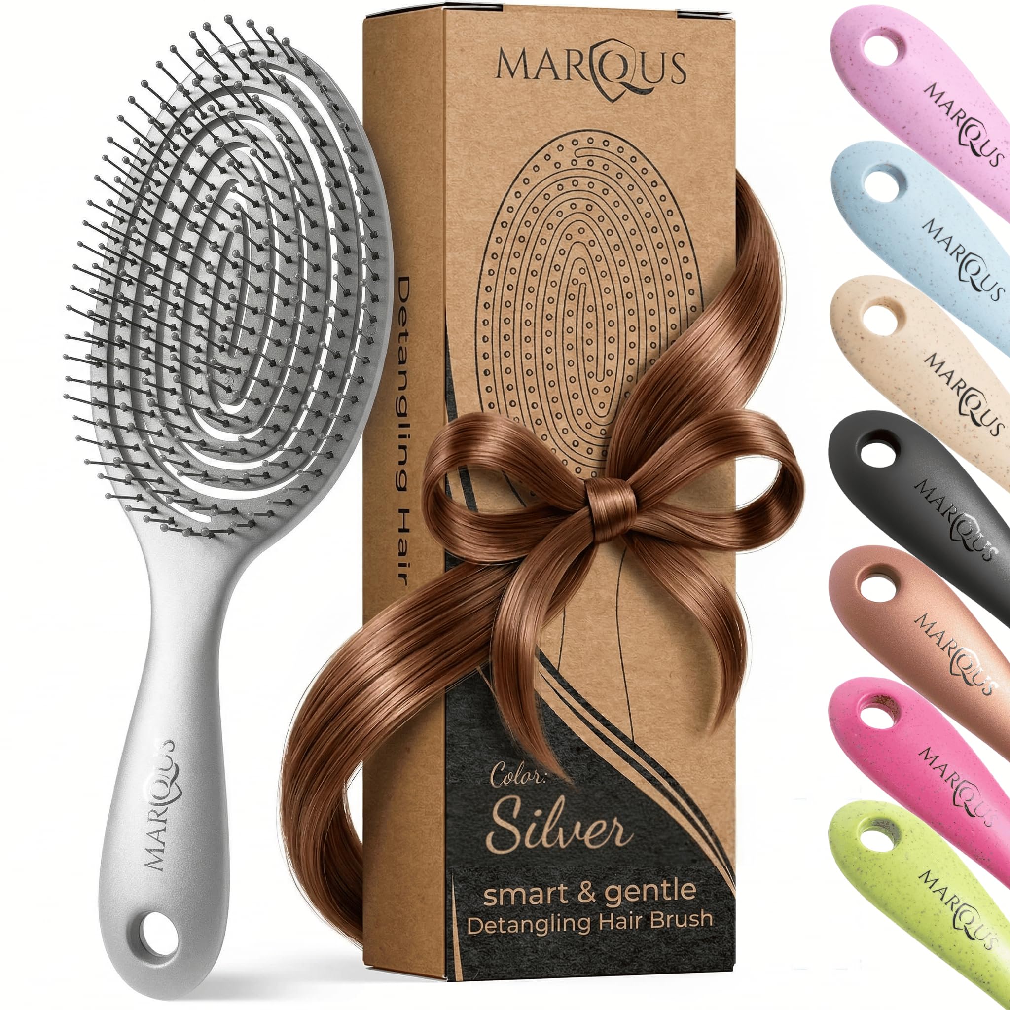 marQus Detangling Hair Brush for Women and Men - With Ultra-Soft, Flexible Bristles and Body - Glides Through Tangles with Ease - Suitable for All Hairtypes - Wet or Dry, Silver