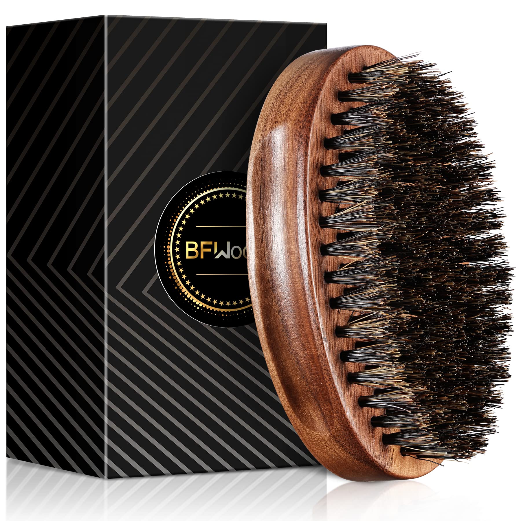 BFWood Boar Bristle Beard Brush, Black Wood Walnut Military Style, Men's Wooden Mustache Brush