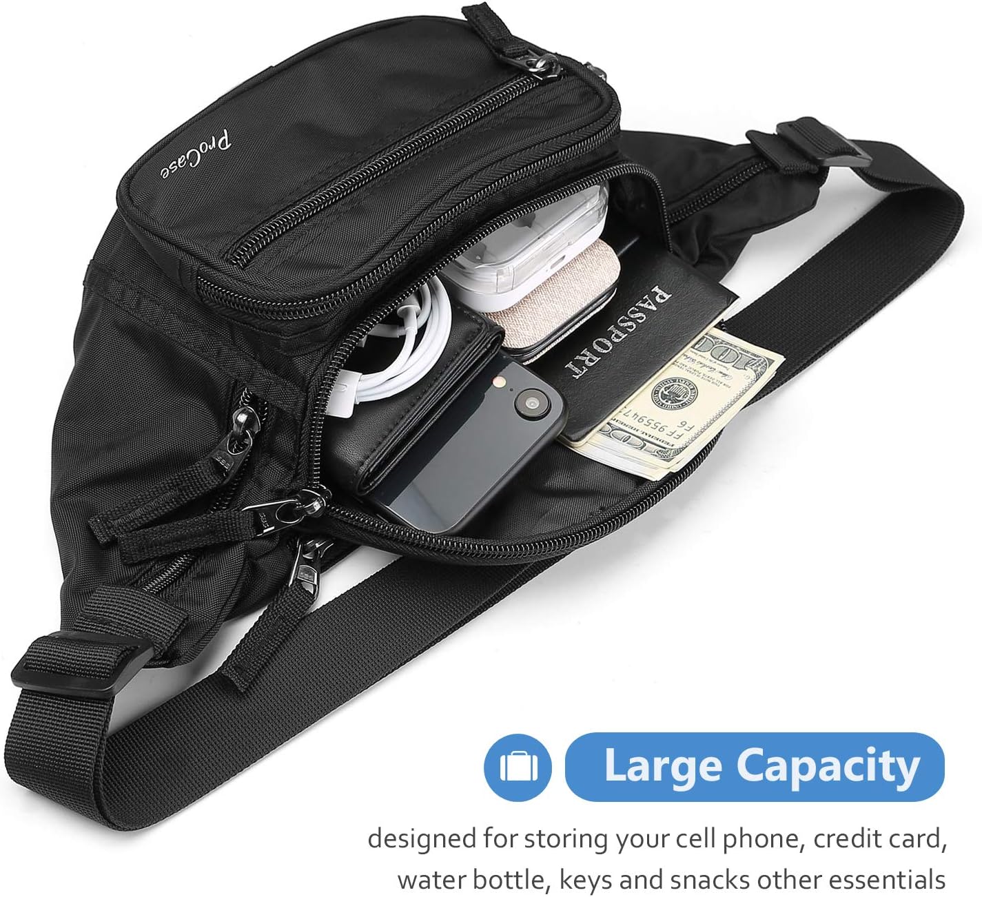 ProCase Bum Bag Waist Fanny Pack for Men Women Ladies with 6 Pockets and Adjustable Belt Large Dog Bumbag for Dog Walking Running Hiking Cycling Travel Holiday Festival Christmas Disney -Black - Image 3