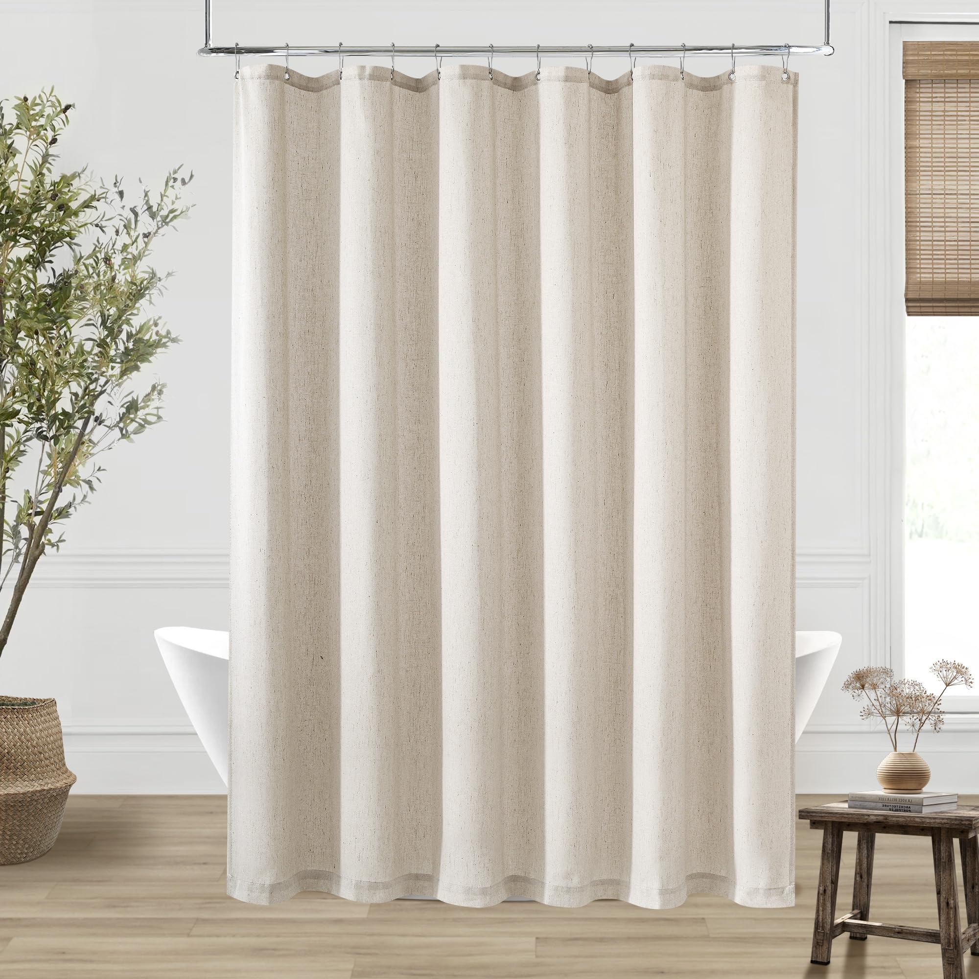 Photo 1 of Extra Long Linen Shower Curtain 96 Length Natural Beige Tan Taupe Shower Curtain 96 Inch Country Boho Farmhouse Drapes for Bathroom Flax Cloth Drapes with Hooks, Greyish Beige, 72x96