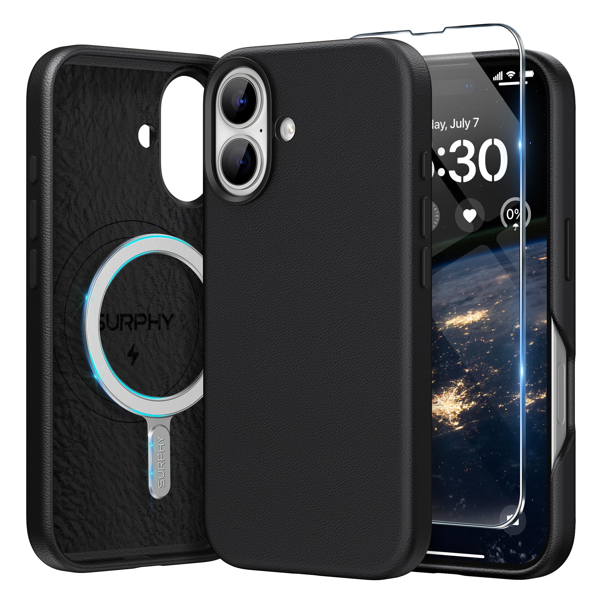 SURPHY Leather Case for iPhone 16 Case, Premium Faux Leather Compatible with Mag-Safe [Metallic Buttons & Microfiber Lining] Cover for iPhone 16 6.1 inch, Black