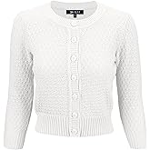 YEMAK Women's Cropped Cardigan Sweater – 3/4 Sleeve Crewneck Basic Classic Casual Button Down Soft Crochet Knit Top (S-3XL)
