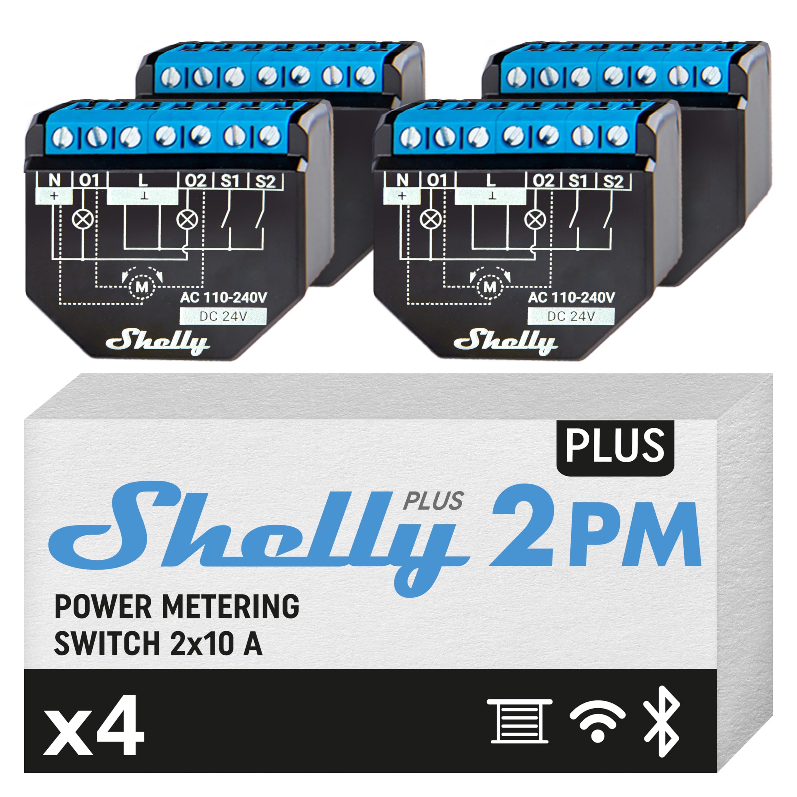 Shelly Plus 2PM | Wlan 2 Kanäle Smart Relais Schalter | Rolladenschalter mit Stromverbrauchsmessung | Hausautomation | Google Home Alexa Zubehör | iOS Android App (4 Pack)