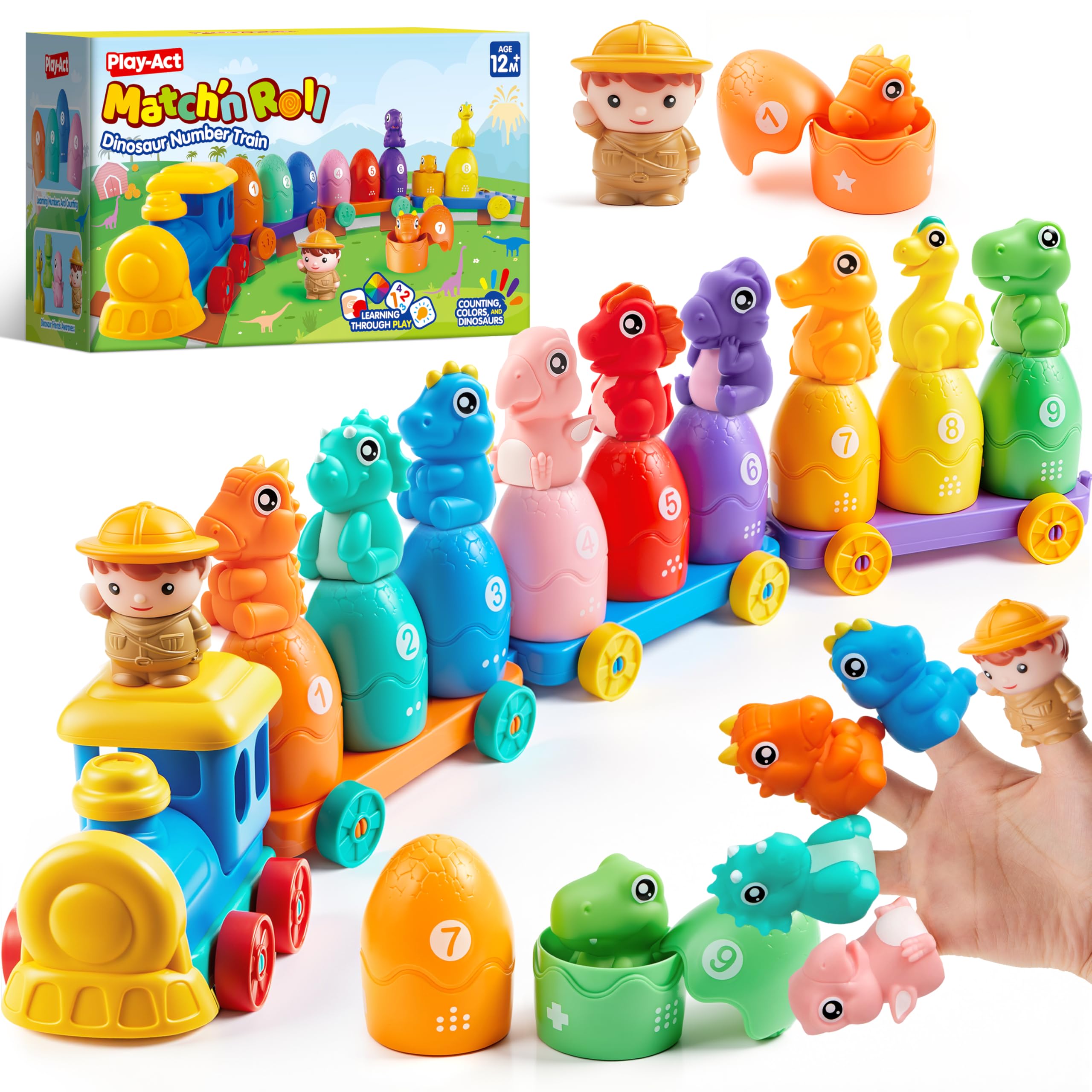 Play-Act Learning Toy for Toddlers 1 2 3 Years Old, Counting, Matching & Sorting Montessori Learning Dinosaur Train Including 9 Dinosaurs, Easter Basket Stuffers Birthday Gift for Baby Boys Girls