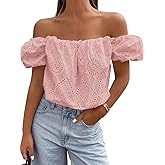 PRETTYGARDEN Women's Summer Off The Shoulder Tops 2026 Dressy Casual Puff Short Sleeve Embroidered Eyelet Cute Blouse Shirts