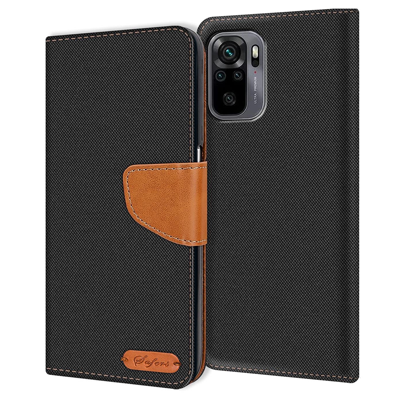 Verco Phone Wallet Case compatible with the Xiaomi Redmi Note 10, Redmi Note 10S Canvas Faux Leather Book Cover for the Redmi Note 10 / 10S Flip Case Bag Hinged - Black